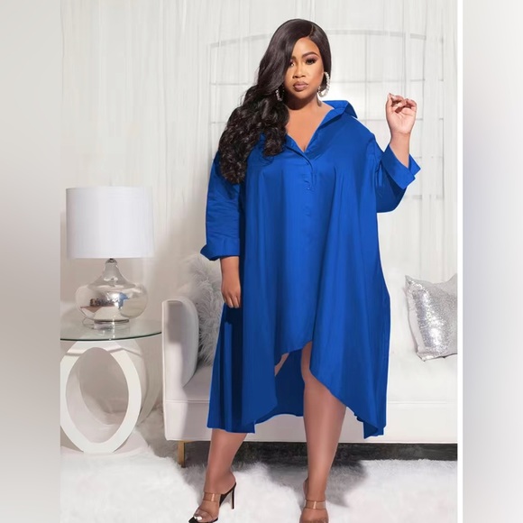 Plus Size Satin Button Front Hem Oversized Elegant Loose Fit Shirt Dress - Picture 5 of 13